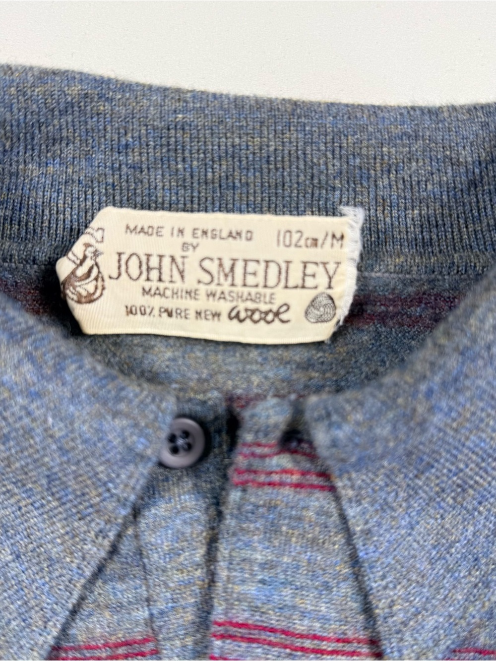 Vintage John Smedley Striped Knit Polo Sweater Medium 102cm Grey Red Pure Wool
